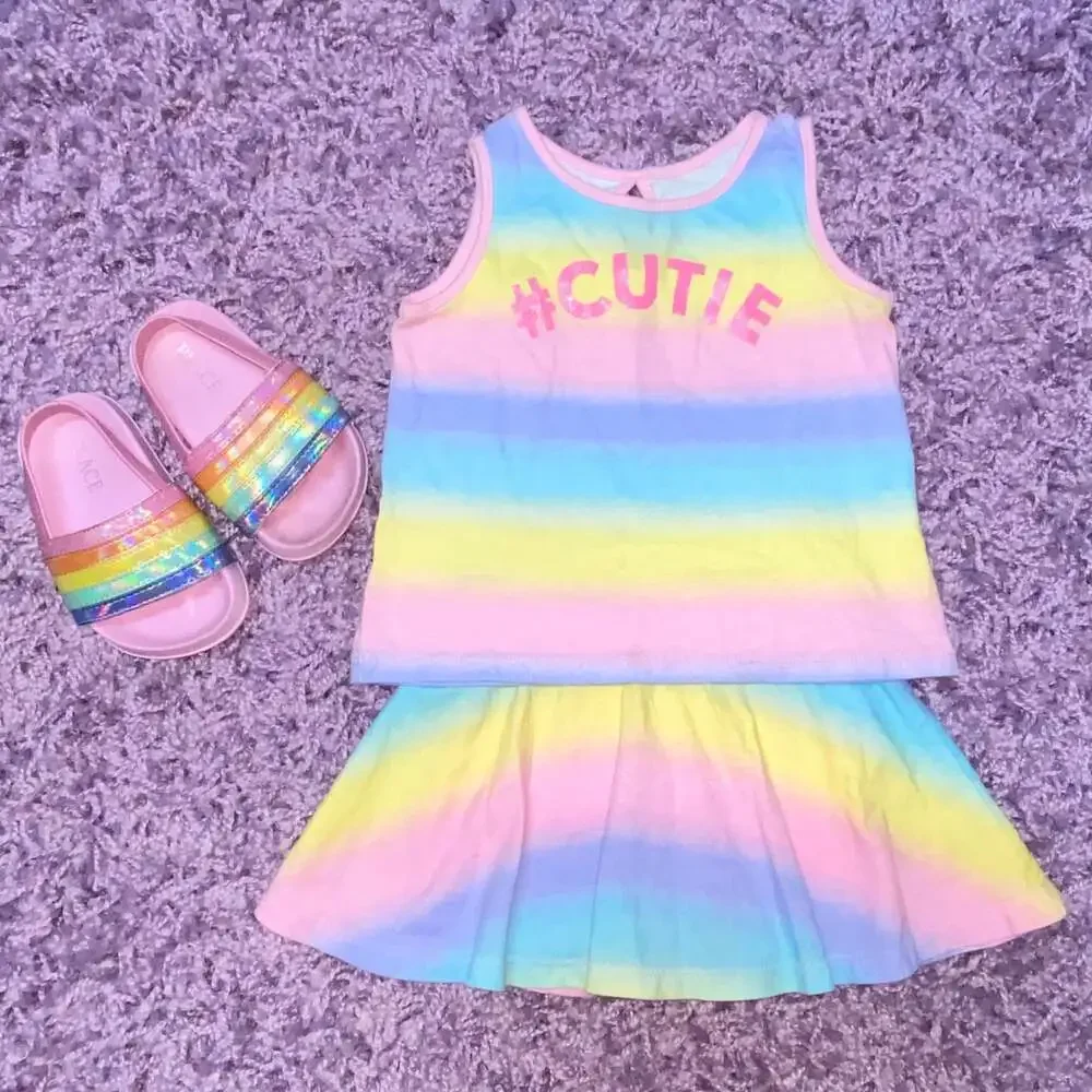 12-18m Baby Girls Pastel Rainbow Stripe 3pc Outfit Set Top Skirt Sandals Shoes - Picture 2 of 8